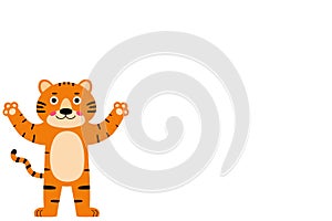 Cute cartoon striped red tiger on white background. Tiger smiles and waves. New Year 2022.
