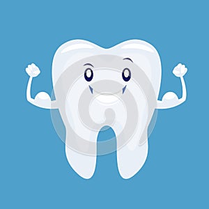 Cute cartoon strong tooth . Vector illustration isolated on whit