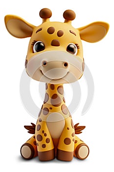 Cute cartoon style baby giraffe squeaky toy, smiling and wide eyed, big bright eyes and floppy ears, isolated with a transparent