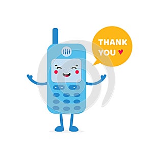 Cute cartoon style blue retro mobile phone character with speech bubble saying thank you, showing appreciation, gratitude