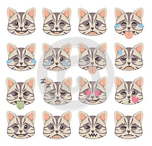 Cute cartoon style Cat faces with different expression emoticon icon vector set