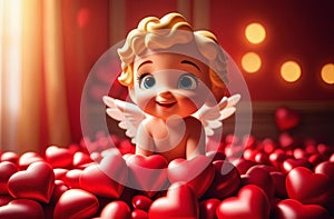 cute cartoon style cupid boy with lots of hearts, valentines greeting card