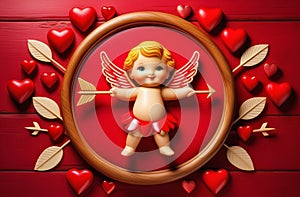 cute cartoon style cupid boy with lots of hearts, valentines greeting card