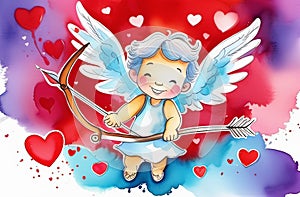 cute cartoon style cupid boy with lots of hearts, valentines greeting card