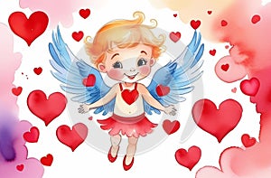 cute cartoon style cupid boy with lots of hearts, valentines greeting card