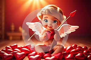 cute cartoon style cupid boy with lots of hearts, valentines greeting card