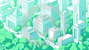 A Cute cartoonstyle environmental impact driven by AI solutions featuring ESG principles set in a green ecofriendly cityscape photo