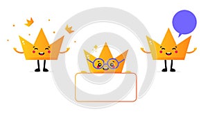 Cute cartoon style golden crown characters having fun, juggling with little crowns, talking, holding card