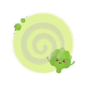 Cute cartoon style green artichoke character with round frame, card template, background