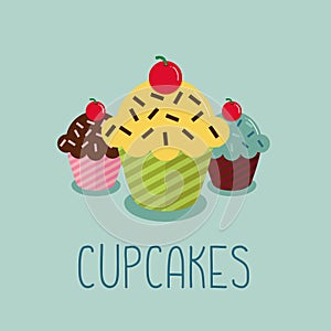 Cute cartoon-style illustration with three cupcakes.