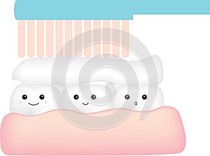 Cute cartoon style kawaii characters brushing teeth