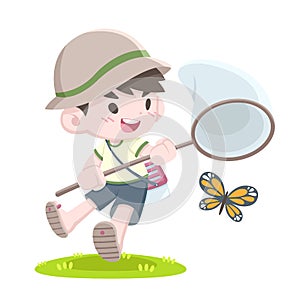 Cute style little bug catcher boy illustration photo