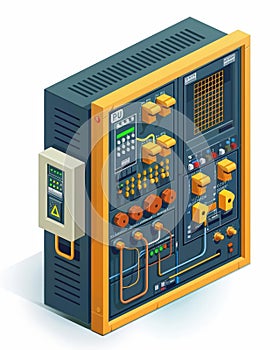 A cute cartoon Style ofA closeup of a PLC Programmable Logic Controller in a factory