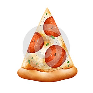 Cute cartoon style pepperoni pizza slice illustration