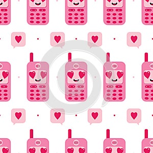 Cute cartoon style pink retro mobile phone character with hearts vector seamless pattern background