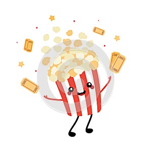 Cute cartoon style popcorn bucket character smiling, having fun, throwing up cinema tickets and confetti in the air