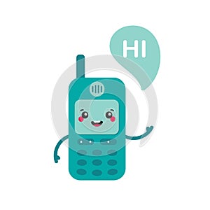 Cute cartoon style retro mobile phone character with speech bubble saying hi, hello