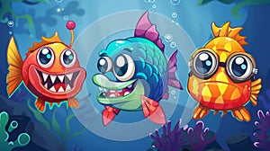 A cute cartoon style underwater game interface with a fish slot icon. A progress bar asset with a clown, angler and