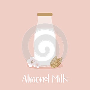 Cute cartoon style vector illustration of almond milk bottle with almond seeds and flowers