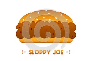 Cute cartoon style vector sloppy joe sandwich, burger with minced meat photo