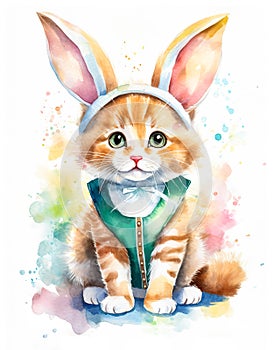 Cute cartoon style watercolor ginger tabby cat wears rabbit ears Easter bunny costume