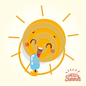 Cute cartoon sun character design eating ice cream