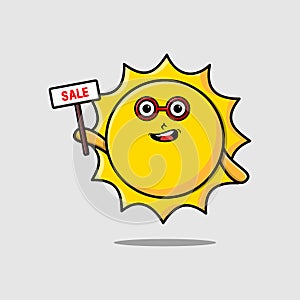 Cute cartoon sun character holding sale sign
