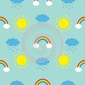 Cute cartoon sun, cloud with rain, rainbow set. Baby Seamless Pattern Wrapping paper