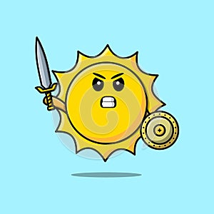 Cute cartoon Sun holding sword and shield