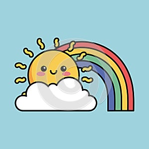 Cute Cartoon Sun Peeking from Behind a Cloud with a Rainbow