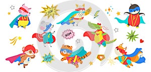 Cute cartoon superhero animals in masks and capes. Draw baby hero, animal comic stickers for children. Super strong