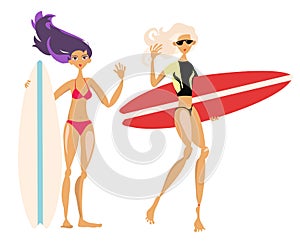 Cute cartoon surf girls hand drawn