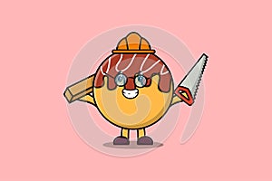 Cute cartoon Takoyaki carpenter character with saw