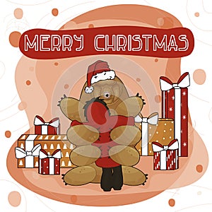 Cute Cartoon Tardigrade is standing on the ground on pink and brown background with new year gifts and Merry Christmas text