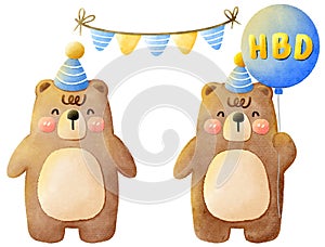 Cute cartoon teddy bear with balloons in watercolor style