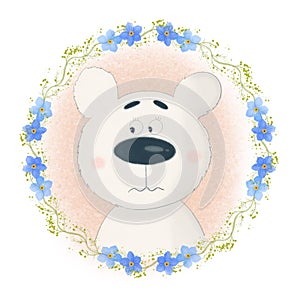 A Cute Cartoon Teddy Bear  with a blue forget-me-nots flowers