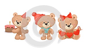 Cute Cartoon Teddy Bear Carrying Cake with Candle and Holding Heart Garland Vector Set