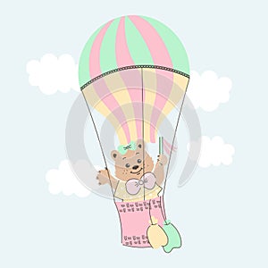 Cute cartoon teddy bear flies in a hot air balloon in the sky with clouds. Baby illustration, postcard, print