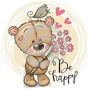 Cute Cartoon Teddy Bear with flowers