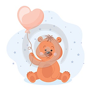 Cute cartoon teddy bear with heart shaped balloon. Baby illustration, greeting card