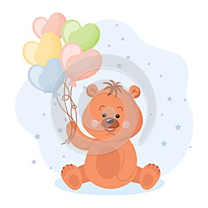 Cute cartoon teddy bear with heart shaped balloons. Baby illustration, greeting card