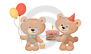 Cute Cartoon Teddy Bear Holding Bunch of Balloons and Cake Vector Set
