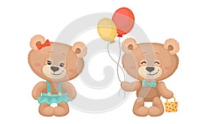 Cute Cartoon Teddy Bear Holding Bunch of Balloons Vector Set