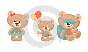 Cute Cartoon Teddy Bear in Sleeping Mask and Holding Balloon Vector Set