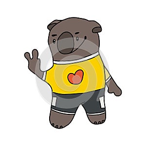 Cute cartoon Teddy bear, vector illustration.a cheerful bear in a t-shirt and shorts shows a victory sign. For the