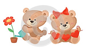 Cute Cartoon Teddy Bear Watering Flower and Holding Heart Garland Vector Set