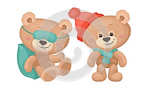 Cute Cartoon Teddy Bear Wearing Warm Hat and Sleeping on Pillow Vector Set