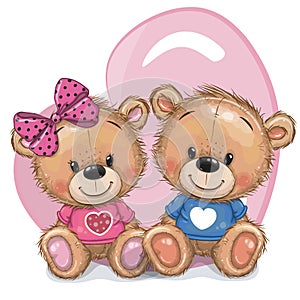 Cute Cartoon Teddy Bears on a heart background