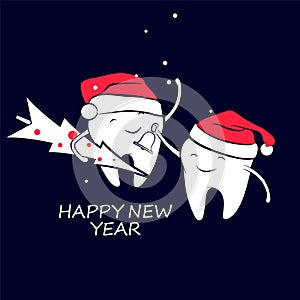 Cute cartoon teeth in a Santa hat with a bell and a Christmas tree. Holiday greeting design element.