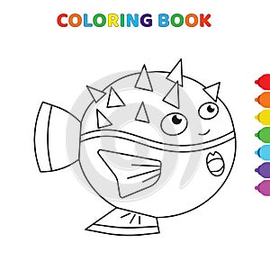 Cute cartoon thorny fish animal coloring book for kids. black and white vector illustration for coloring book. thorny fish animal